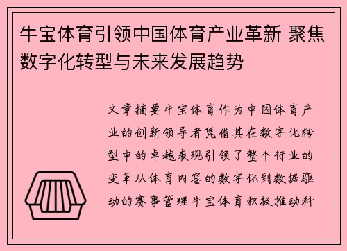 牛宝体育引领中国体育产业革新 聚焦数字化转型与未来发展趋势